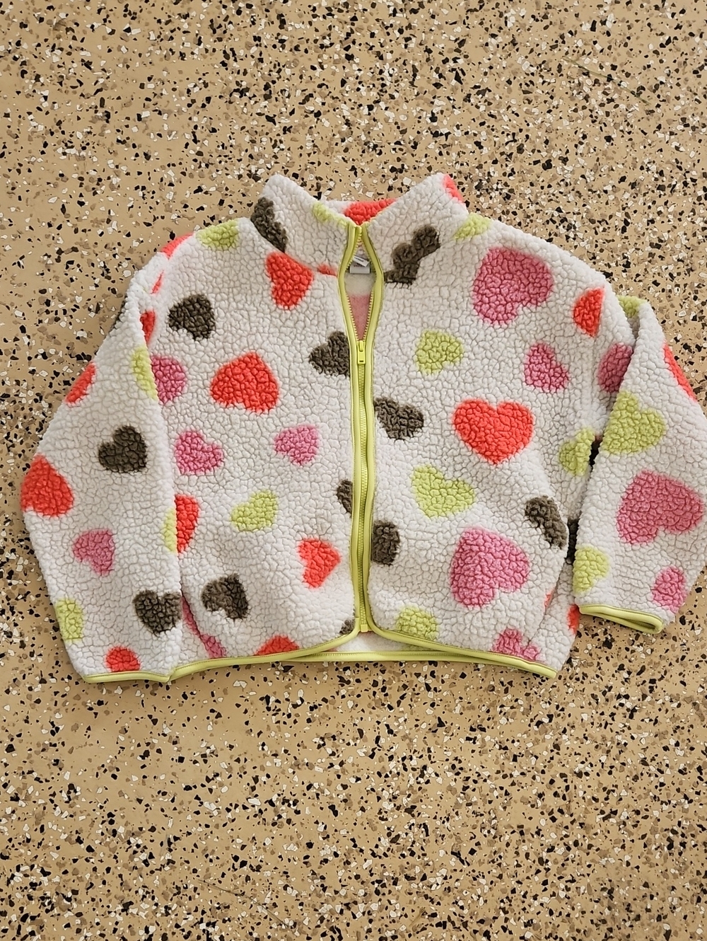 Old Navy White Sherpa Jacket with Pink, Red, Green & Brown Hearts